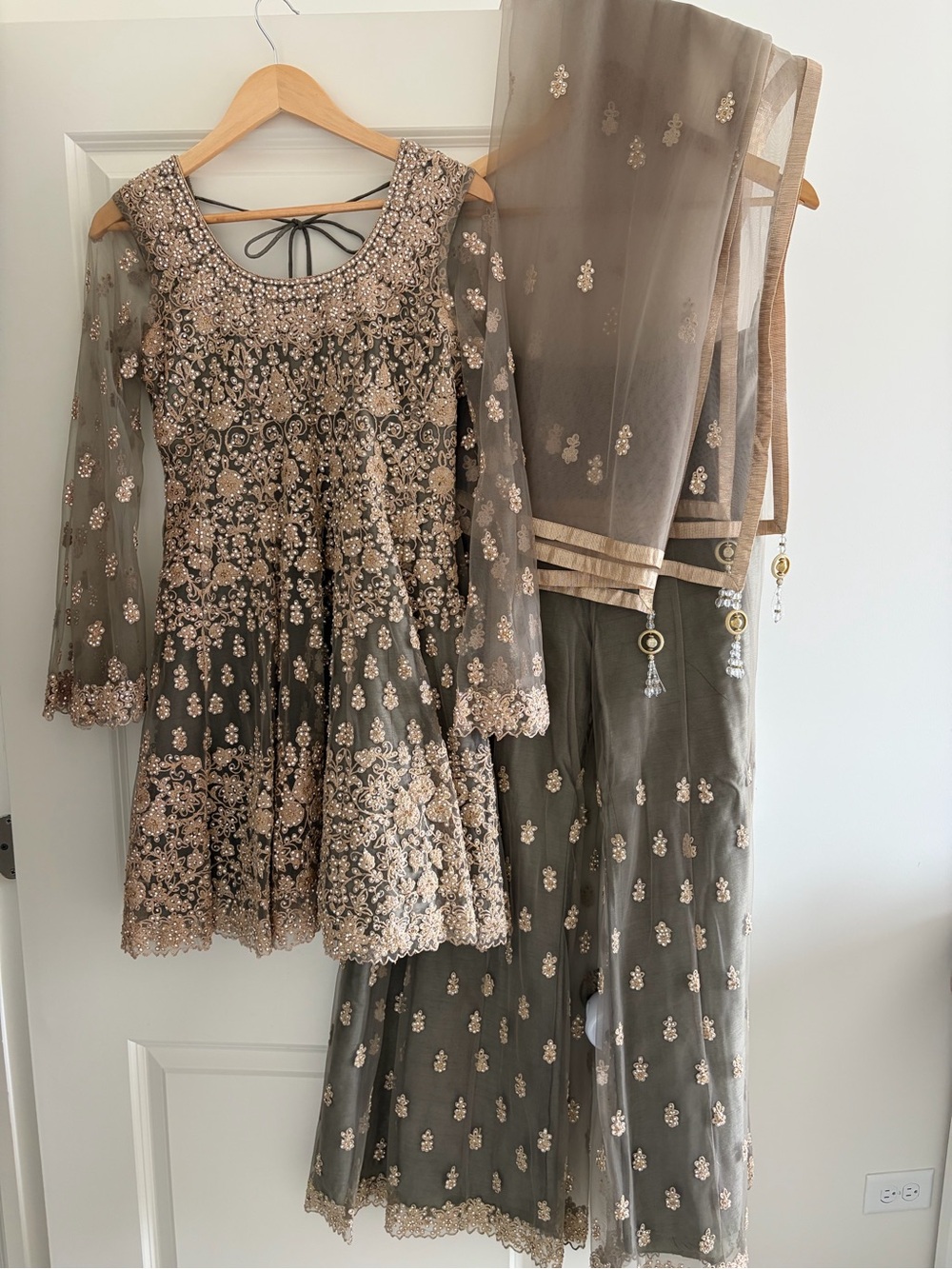 Embellished Olive & Gold Salwar Kameez 3 Piece Set